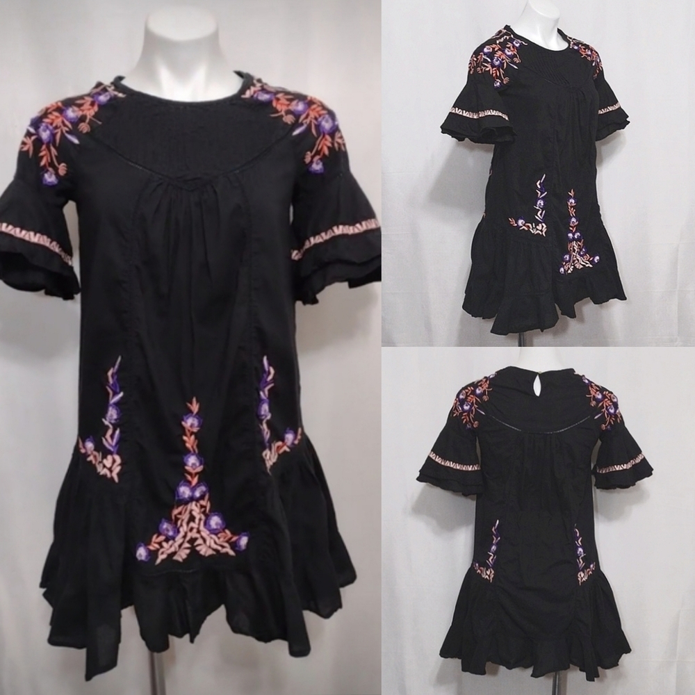 Free People Black Floral Embroidered Ruffle Mini Dress XS Boho Romantic Chic